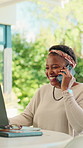 Black woman, smile and phone call with laptop at house for discussion, interview source and news. Person, remote work and mobile to contact editor, confirm facts and publication inquiry in backyard
