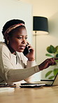 Black woman, reading and laptop with phone call at house for discussion, interview source and proposal. Person, remote work and pc to contact editor, story headline and publication inquiry in lounge