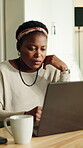 Laptop, reading and freelancer with black woman in home for news reporter, article writer and planning. Remote worker, review and proofreading story with person in apartment for research and email
