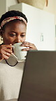 Freelancer, woman or coffee with laptop in home for draft revision, story editing or editor feedback. Ghostwriter, black person and beverage with tech in house for remote work, proofreading or review