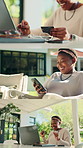Happy, black woman and credit card with technology in series for payment sequence in home. Female person, freelancer or montage with hands, phone or laptop in collage for online banking or purchase