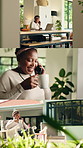 Happy, black woman and phone call with series for communication, sequence or daily tasks in home. Female person, freelancer or talking with mobile smartphone in collage for network or connectivity