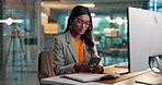 Phone, glasses and businesswoman in office with networking, communication or email on mobile app. Cellphone, computer and female person with contact, texting or social media on break in workplace.