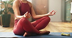 Woman, hands or yoga mat in home with lotus pose for meditation, spiritual awareness or chakra healing. Zen, female person and mindfulness in house for inner peace, holistic health or soul cleansing.