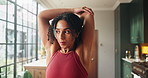 Fitness, woman or stretch arms in home with inhale for workout start, exercise session or healthy body. Female person, breathe and warm up in apartment with training goal, begin or ready for pilates.