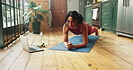 Woman, plank and exercise in home with laptop for core strength training, online instructor and wellness. Person, abs workout and balance with computer for virtual coaching, guidance or healthy body.
