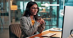 Woman, headset and telemarketing with computer, happy and communication for sales, offer and online. Call center, talking and Indian person with tech for lead generation, services and consultation