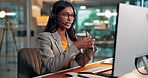 Woman, headset and telemarketing with computer, online and communication for sales, offer and office. Call center, talking and Indian person with tech for lead generation, services and consultation