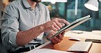 Scroll, tablet and hands of businessman at night for online proposal, financial report and investment. Corporate, office and person on digital tech for research, finance review and budget planning