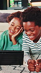Laugh, relax or sibling on floor with tablet, cartoon streaming or bonding in online game. Happy, child or black family in house with tech, movie subscription or playing together in virtual activity.