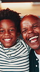 Home, face and black family with boy, selfie and bonding together with profile picture. African parent, dad and son with memory, happiness and love with fun, relax and photo with humor and laughing