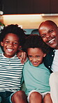 Face, hug and father laughing with children on sofa for funny bonding, connection and weekend break. African family, happy man and kids with embrace in home for healthy relationship, security or love