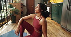 Breathing, fitness and yoga with woman in home for holistic health, mindfulness or wellness. Balance, break and inner peace with yogi person in apartment for awareness, healing or zen mindset
