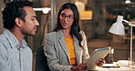 Tablet, team and business people in office for discussion, finance or planning at night. Technology, conversation and consultant at work for investment meeting, project proposal or help on overtime