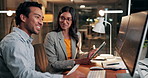 Computer, team and happy business people with discussion for trading, finance or point at night. Monitor, planning and traders in office for investment meeting, stock market or profit on overtime