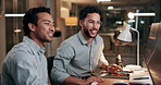 Computer, team and business men talk for trading, finance or planning at night. Desktop, discussion and happy traders in office for investment meeting, stock market proposal or profit on overtime