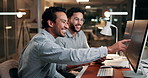 Computer, team and business men planning for trading, finance or pointing at night. Desktop, discussion and happy traders in office for investment meeting, stock market growth and profit on overtime