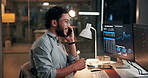 Man, computer screen and phone call for trading, smile and stock market charts at startup. Person, smartphone and explain at night for graph, talk or happy for investment portfolio review at company
