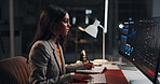 Trading, night and woman with computer screen, writing and checklist for income. Evening, person and investor in office, notebook and data analysis with profit review, charts and revenue increase