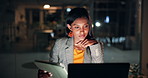 Woman, laptop and tablet at startup, night and review with feedback for story at media company. Person, writer and tech with application, editing or overtime for project management at creative agency