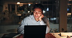 Tired, office and businessman at night on laptop for finance review, deadline and research. Corporate, working late and person on computer with fatigue, exhausted and sleepy for financial report