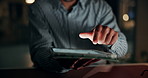 Hands, tablet and scroll at startup, night and review with feedback for story at media company. Person, writer and click with tech, application or overtime with project management at creative agency