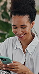 Home, smartphone and happy woman on sofa, typing and social media with connection. Online reading, internet or person on couch, cellphone and message to contact, communication and app for funny meme