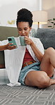 Coffee, relax and woman with phone in home for networking, communication or social media. Happy, cellphone and female person drinking warm beverage with contact on mobile app in living room at house.