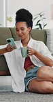 Coffee, happy and woman with phone in home for networking, communication or social media. Relax, cellphone and female person drinking warm beverage with contact on mobile app in living room at house.