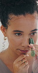 Woman, jade roller or skincare in home with massage for beauty, dermatology or blood circulation. Female person, wellness or cosmetic tool in house with lymphatic drainage, facial tension or grooming