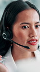 Woman, call center and talk with headset in office, explain or  contact with insight for customer support. Person, consultant and advisor with voip mic, help desk and review for service at agency