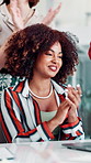 Applause, meeting or happy woman with tech in office for promotion, achievement or career development. Celebration, announcement or team with laptop for good news, excited or clapping for success