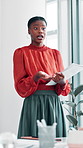 Documents, presentation and black woman in office at meeting for finance review with budget plan. Discussion, paperwork and female financial advisor with investment proposal for client in workplace.