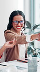 Promotion, handshake and business woman with applause for office, workshop and celebration for feedback. Teamwork, designers and support with clapping hands for achievement, meeting and success