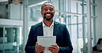 Face, employee and man with tablet, office and happy with research for wealth management and online. Investment banker, smile and mature person with technology for financial review, info or scroll