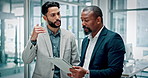 Financial advisor, talking and men in office, tablet and communication with trading portfolio. Employees, investor and business people with tech, teamwork and advice for profit report and b2b deal