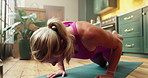 Woman, pushup and pilates for fitness at house for exercise, strength training and strong muscles. Female person, warm up and workout routine with body balance, improve core and endurance challenge