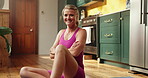 Arms crossed, face and fitness with woman on floor in home for exercise, pilates or yoga session. Confidence, health and smile of happy person in apartment for commitment or dedication to wellness