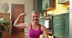 Face, strong or happy woman with flex in home for body goals, confidence or muscle progress from training. Portrait, fitness or athlete show biceps for workout results, achievement or pride for power