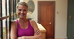 Face, woman and arms crossed for yoga at house for fitness, exercise and morning routine. Portrait, female person and confident for pilates, stress relief and happy for self care practice of wellness