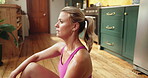 Fitness, thinking and woman on floor with break, cool down or relax in home training session. Sport, reflection or female person in house with breathing, workout recovery or rest in intense practice.
