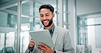 Businessman, smile or scroll with tablet in office for client email, finance report or feedback. Happy, person or browse in workplace with tech for financial proposal, online communication or review.