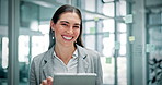 Face, laughing and woman with tablet, office and employee with research for wealth management on web. Happy, investment banker and person with tech for financial analysis, scroll and risk assessment