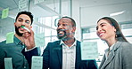 Workshop, meeting and business people with glass wall, smile and collaboration at startup. Problem solving, woman and men with management for brainstorming, office planning or ideas for agenda