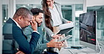 Office, team and people with computer screen, trading and performance review on web or stock market. Traders, data analysis and planning for financial growth, graph and discussion for risk assessment