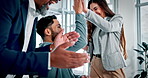 Business, excited people and computer with high five for trading success, financial win or applause. Fist bump, team support and celebration in office for stock market growth, trader profit and happy