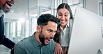Surprise, business and people with computer in office for good news, announcement and job promotion. Staff, pc and team applause for celebration, employee bonus and congratulations on project funding