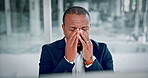 Black man, headache and stress with computer in office for debt risk, financial crisis and problem. Tired mature person, desktop and migraine for liquidation issue, bankruptcy notification and email.