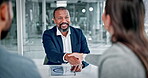 Business people, handshake or talk in office with paperwork, b2b negotiation meeting or finance proposal. Shaking hands, employees and discussion with document, financial investment or collaboration.