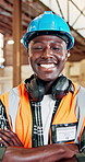 Happy face, black man and architect with confidence for construction, wood production or safety. Portrait, male person or timber engineer with smile or arms crossed for carpentry business or startup